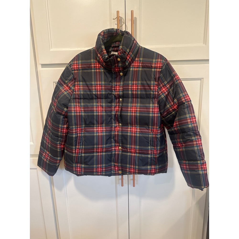 J.Crew Womens Plaid Puffer Jacket Navy Red boho Tartan Quilted Coat Large preppy